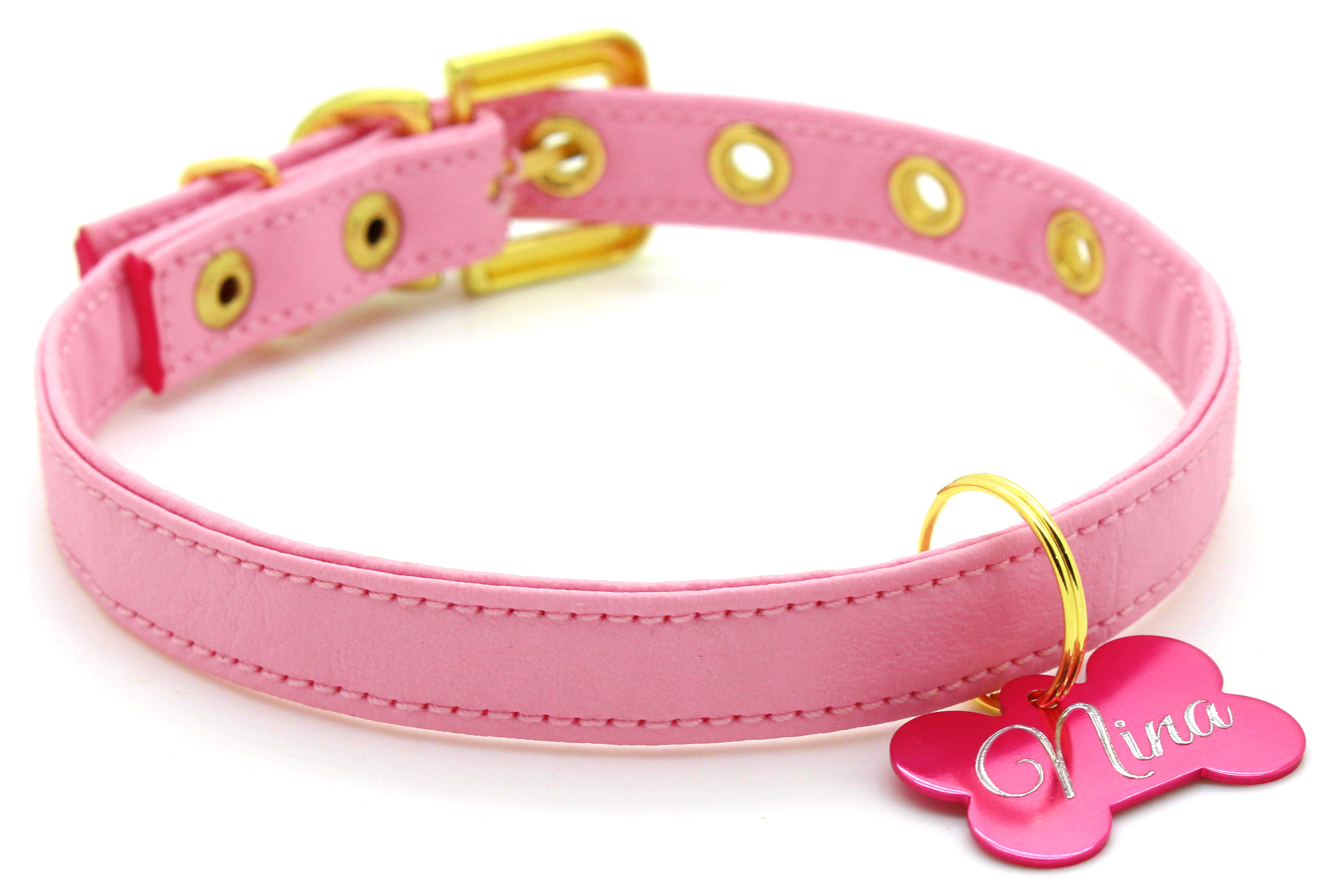 Coleira para Cachorro com Nome e Telefone - Courino Rosa Claro Pingente  Rosa Claro - Pet Elegante