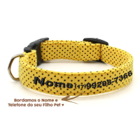 Coleira Bulba - Bolinhas Coloridas - Bordado com Nome e Telefone -Dourado-Pequeno