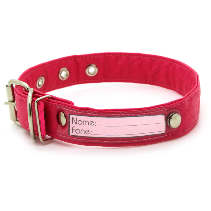 Coleira de Cachorro com Identificação em Papel - Courino Matelassê Macio Rosa Pink - Metais Niquelados