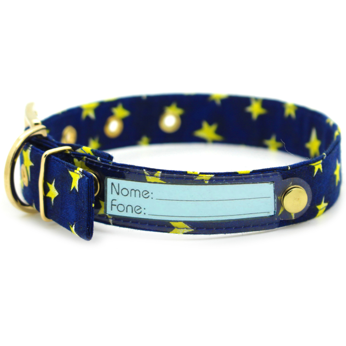 Coleira de Cachorro com Identificação em Papel - Tecido Macio Azul Marinho e Amarelo Estrela - Metais Dourados