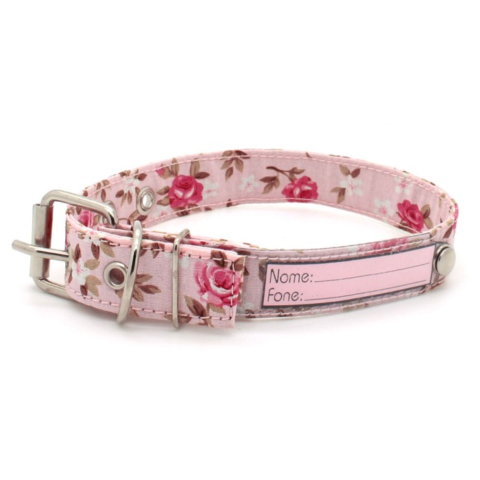 Coleira de Cachorro com Identificação em Papel - Tecido Macio Rosa e Pink Florido