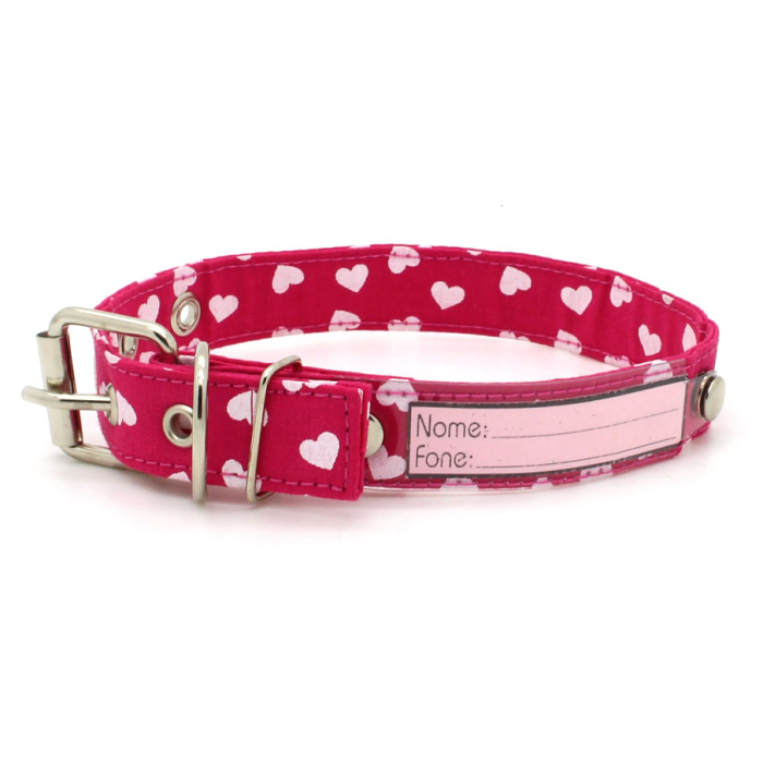 Coleira de Cachorro com Identificação em Papel - Tecido Macio Rosa Pink Corações