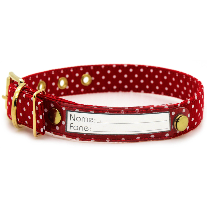 Coleira de Cachorro com Identificação em Papel - Tecido Macio Vermelho Bolinha - Metais Dourados