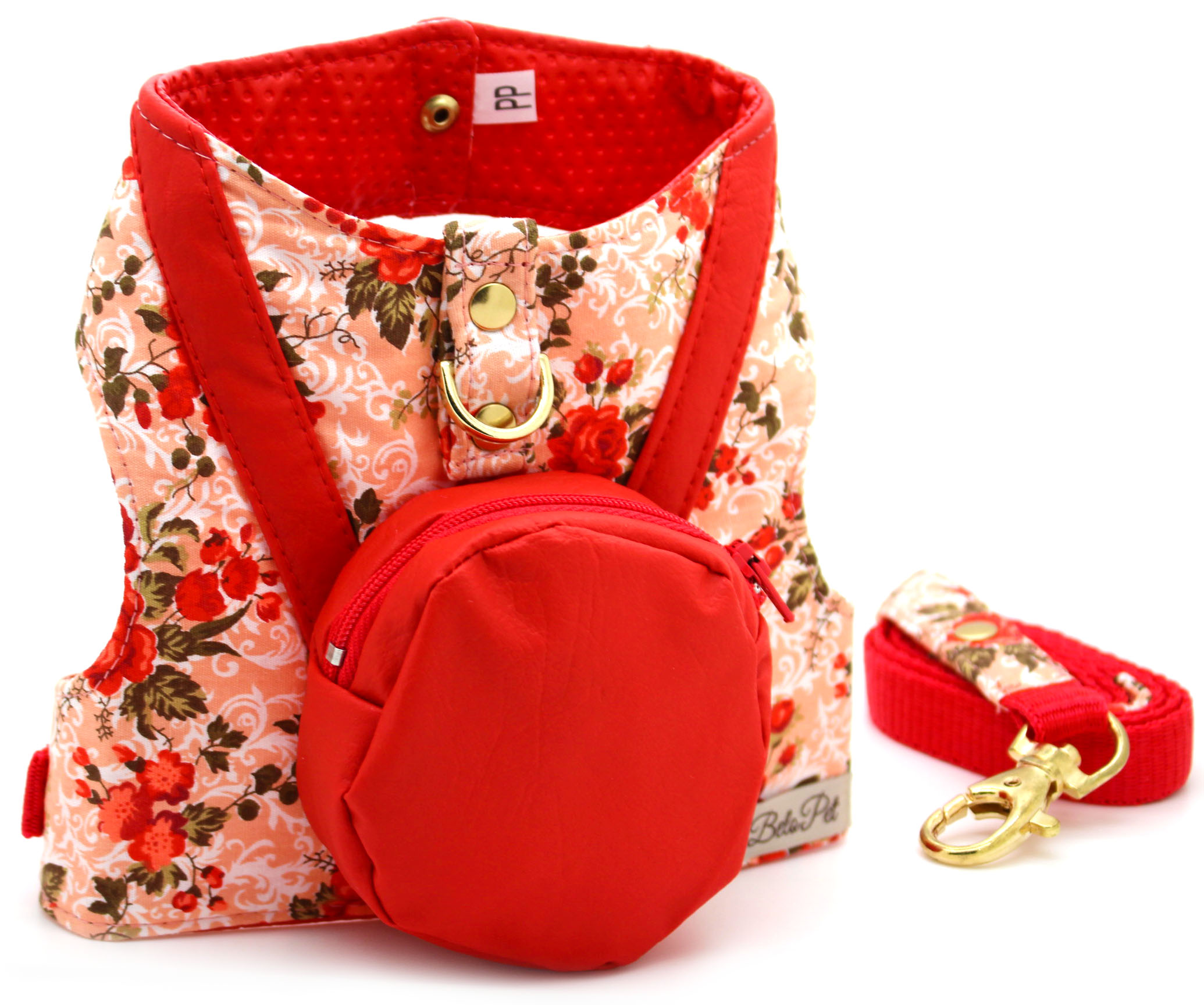 Colete Peitoral e Guia para Cachorro - Courino e Tecido Vermelho e Salmão  Flor com Mochila - Pet Elegante
